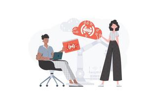 The girl and the guy are a team in the field of Internet of things. IOT and automation concept. Good for presentations and websites. Vector illustration in trendy flat style.