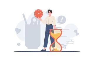 A man stands in full growth and holds a watch in his hands. Time management. Element for presentation. vector