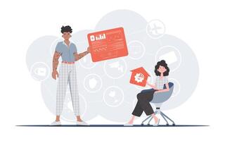 Internet of things concept. The girl and the guy are a team in the field of Internet of things. Good for presentations and websites. Trendy flat style. . vector