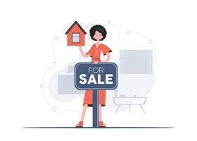 A woman stands in full growth is engaged in the sale of a house. Property For Sale. Flat style. Element for presentations, sites. vector