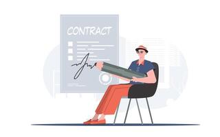 A man sits in a chair to put his signature on a document of cooperation. Partnership. Element for presentation. vector