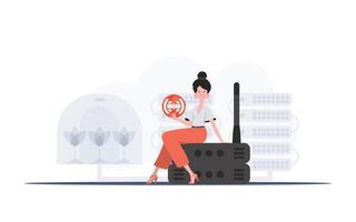 Internet of things concept. A woman is holding an internet thing icon in her hands. Router and server. Good for presentations and websites. illustration in trendy flat style. vector