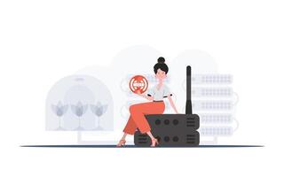 Internet of things concept. A woman is holding an internet thing icon in her hands. Router and server. Good for presentations and websites. Vector illustration in trendy flat style.