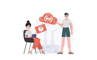 A man and a woman are a team in the field of the Internet of things. IOT and automation concept. Good for presentations and websites. Vector illustration in flat style.