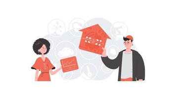 IoT concept. A man and a woman are a team in the field of the Internet of things. Good for presentations and websites. illustration in trendy flat style. vector