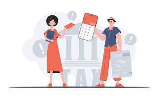 A man and a woman are standing learning how to calculate taxes. The study of taxes. Element for presentation. vector