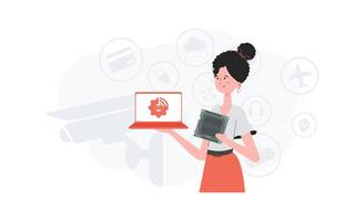 A woman holds a laptop and a processor chip in her hands. IOT and automation concept. Vector. vector