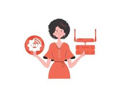 A woman holds the internet of things logo in her hands. Router and server. Internet of things concept. Isolated. Trendy flat style. Vector illustration.