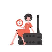 un mujer es participación un Internet cosa icono en su manos. enrutador y servidor. iot concepto. aislado. de moda plano estilo. vector ilustración.