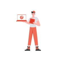 A man holds a laptop and a processor chip in his hands. IoT concept. Isolated. Vector illustration in flat style.