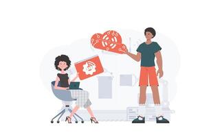 un hombre y un mujer son un equipo en el campo de el Internet de cosas. iot y automatización concepto. bueno para presentaciones y sitios web vector ilustración.