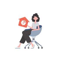 The girl sits in a chair and holds an icon of a house in her hands. Internet of things and automation concept. Isolated. Vector illustration in flat style.