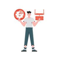 A man holds an internet thing icon in his hands. Router and server. Internet of things concept. Isolated. Trendy flat style. . vector