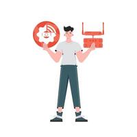 A man holds an internet thing icon in his hands. Router and server. Internet of things concept. Isolated. Trendy flat style. Vector. vector