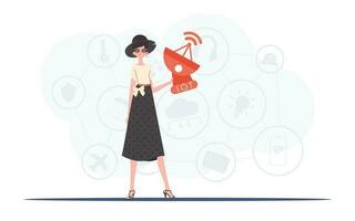 A woman holds a satellite dish in her hands. IoT concept. Good for presentations, websites and typography. Trendy flat style. Vector illustration.