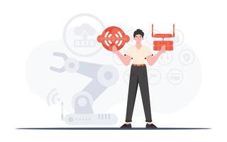 Internet of things concept. A man holds the internet of things logo in her hands. Router and server. Good for presentations and websites. Trendy flat style. Vector illustration.