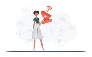 A woman holds a satellite dish in her hands. Internet of things concept. Good for presentations and websites. Vector illustration in trendy flat style.