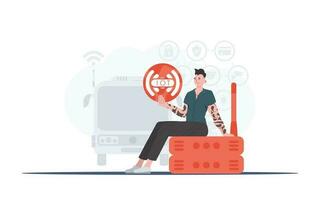 IoT concept. A man is holding an internet thing icon in her hands. Router and server. Good for websites and presentations. Vector illustration in flat style.
