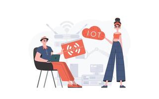 The girl and the guy are a team in the field of Internet of things. IoT concept. Good for websites and presentations. Vector illustration.