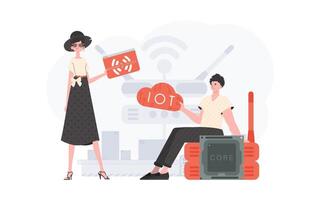 A man and a woman are a team in the field of the Internet of things. IOT and automation concept. Good for websites and presentations. Vector illustration in flat style.