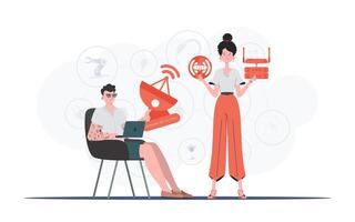 Internet of things and automation concept. The girl and the guy are a team in the field of Internet of things. Good for websites and presentations. Trendy flat style. Vector. vector