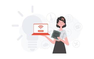 A woman holds a laptop and a processor chip in her hands. IOT and automation concept. Vector illustration in flat style.