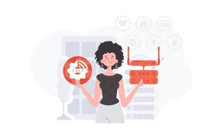 IoT concept. A woman is holding an internet thing icon in her hands. Router and server. Good for presentations and websites. Vector illustration in flat style.