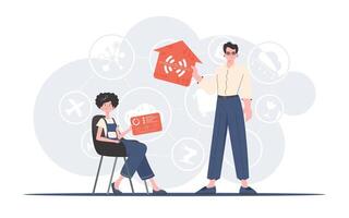 Internet de cosas concepto. un hombre y un mujer son un equipo en el campo de el Internet de cosas. bueno para presentaciones y sitios web de moda plano estilo. vector. vector