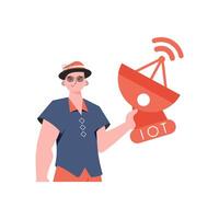 Internet of things concept. The guy is holding a satellite dish in his hands. Isolated on white background. Vector illustration in trendy flat style.