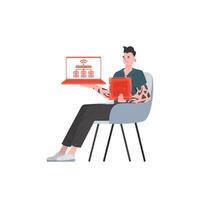 A man holds a laptop and a processor chip in his hands. Internet of things concept. Isolated. Vector illustration in trendy flat style.