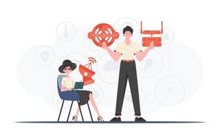 Internet of things and automation concept. The girl and the guy are a team in the field of Internet of things. Good for presentations and websites. Vector illustration.