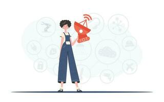 un mujer sostiene un satélite plato en su manos. iot concepto. bueno para presentaciones, sitios web y tipografía. vector ilustración en de moda plano estilo.