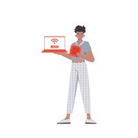 A man holds a laptop and a processor chip in his hands. Internet of things and automation concept. Isolated. Vector illustration in flat style.