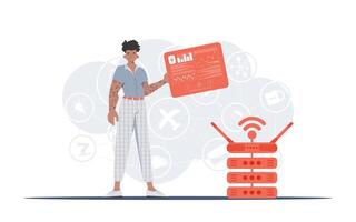 IOT and automation concept. A man holds a panel with analyzers and indicators in his hands. Good for websites and presentations. Vector illustration in trendy flat style.