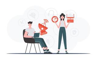 Internet of things and automation concept. The girl and the guy are a team in the field of Internet of things. Good for presentations and websites. Trendy flat style. Vector. vector