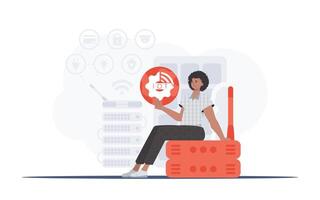 IoT concept. A man is holding an internet thing icon in her hands. Router and server. Good for presentations and websites. illustration in flat style. vector