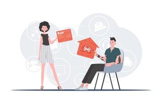 Internet of things concept. The girl and the guy are a team in the field of Internet of things. Good for presentations and websites. Trendy flat style. . vector
