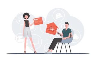 Internet of things concept. The girl and the guy are a team in the field of Internet of things. Good for presentations and websites. Trendy flat style. Vector. vector