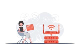 Internet of things and automation concept. A woman sits in a chair and holds a panel with analyzers and indicators in her hands. Good for websites and presentations. vector