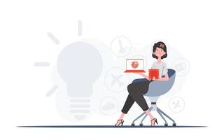 A woman holds a laptop and a processor chip in her hands. Internet of things and automation concept. Vector illustration in flat style.