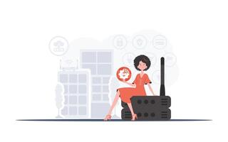 Internet of things concept. A woman holds the internet of things logo in her hands. Router and server. Good for presentations and websites. Vector illustration in trendy flat style.