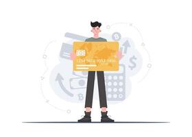 A man stands in full growth holding a credit card in his hands. Deposit. Flat style. Element for presentations, sites. vector