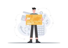 A man stands in full growth holding a credit card in his hands. Deposit. Flat style. Element for presentations, sites. vector