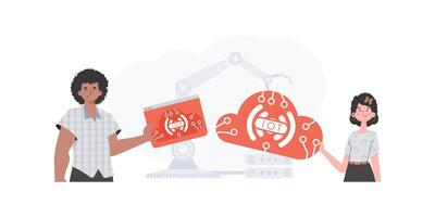 The girl and the guy are a team in the field of Internet of things. Internet of things and automation concept. Good for websites and presentations. Vector illustration in flat style.