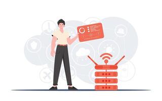 Internet of things concept. A man holds a panel with analyzers and indicators in his hands. Good for websites and presentations. Vector illustration in trendy flat style.