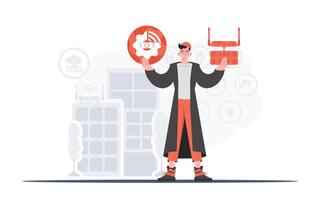 Internet of things concept. A man is holding an internet thing icon in her hands. Router and server. Good for websites and presentations. Vector illustration in flat style.