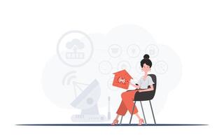 IoT concept. The girl sits in a chair and holds an icon of a house in her hands. Good for presentations. Vector illustration in flat style.