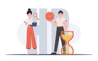 A man and a woman are standing in full growth next to the hourglass. Human resource. Element for presentation. vector