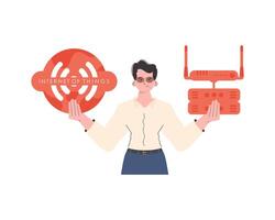 A man holds the internet of things logo in his hands. Router and server. Internet of things concept. Isolated. illustration. vector