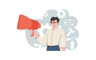 A man stands waist-deep holding a loudspeaker. Search. Element for presentation. vector